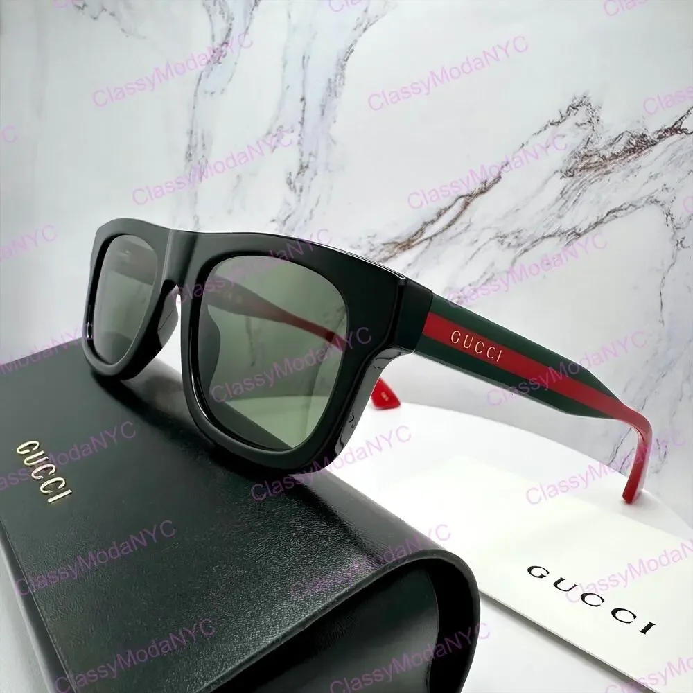 New GUCCI Sunglasses Mens 52mm Black Square Rectangle Aviator Red Green Web Arm